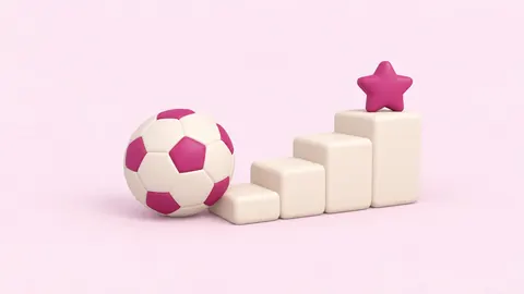 축구공 옆으로 올라가는 계단과 꼭대기의 별 그림