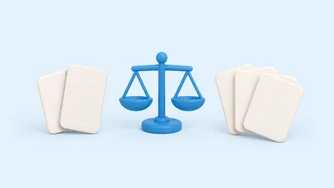 카드 두 장 묶음과 세 장 묶음 사이에 저울이 있는 그림